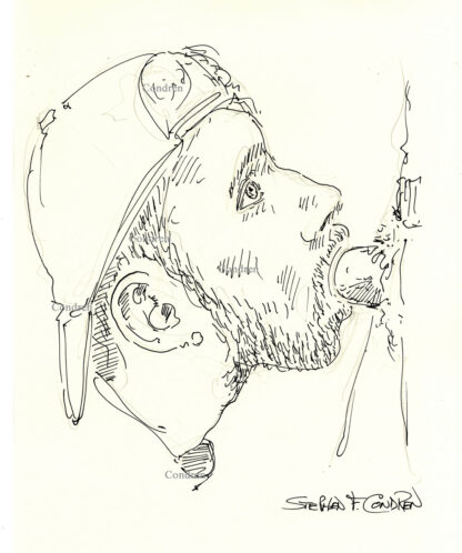 Pen & ink drawing of a young hot gay boy sucking a big hairy dick. He is wearing a ball cap and his eyes are wide opened.