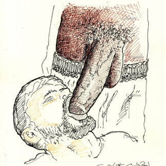 Pen & ink drawing of a boy sucking a big black dick (BBC). The penis is so large that the boy cannot fit it in his mouth.