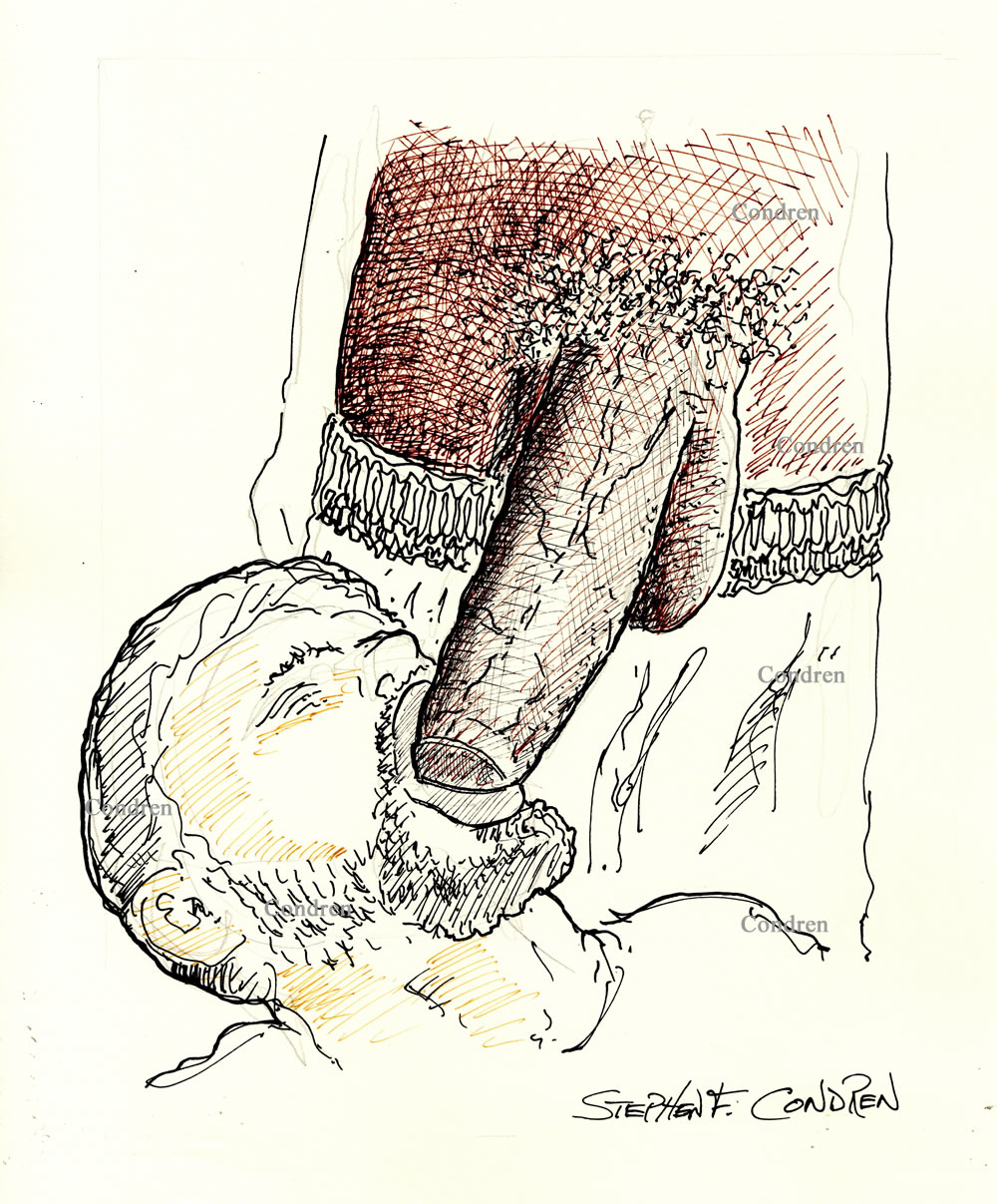 Pen & ink drawing of a boy sucking a big black dick (BBC). The penis is so large that the boy cannot fit it in his mouth.