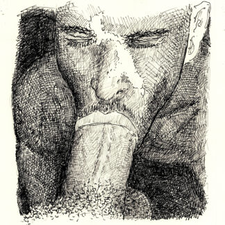 Pen & ink drawing of a gay boy sucking a big dick. He has a hard body with a muscular physique and firm pecs.