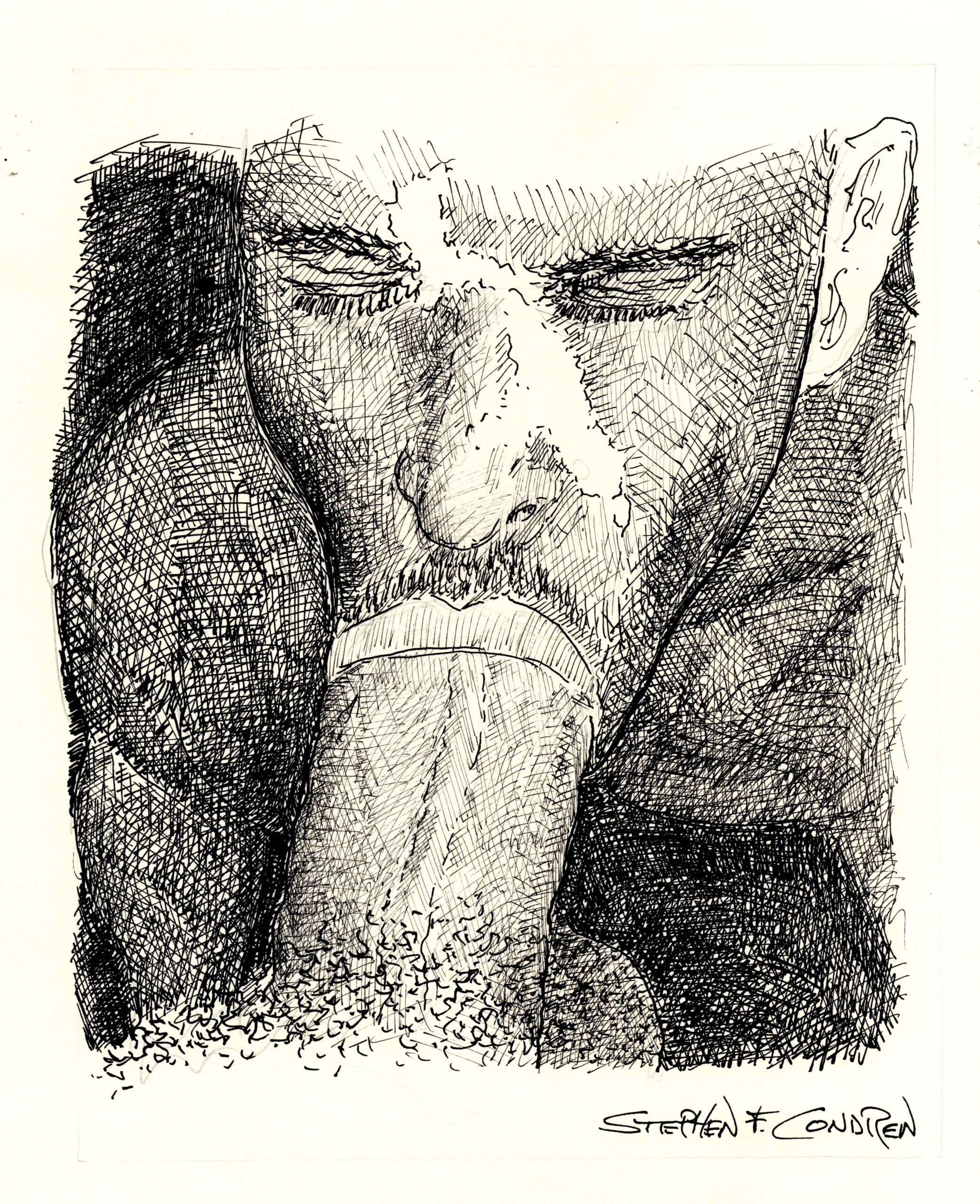 Pen & ink drawing of a gay boy sucking a big dick. He has a hard body with a muscular physique and firm pecs.