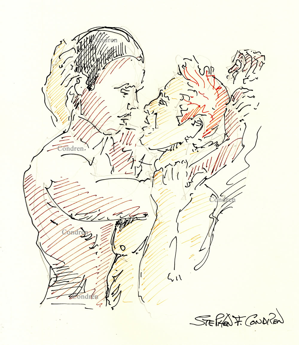 Color pen & ink drawing of two boys kissing as they caress. They have hard bodies and muscular physiques.