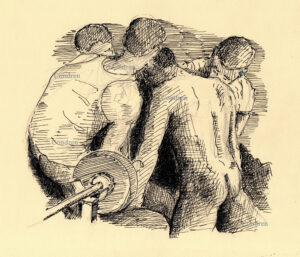 Pen & ink figure drawing of an all-male clusterfuck orgy in a gym. The boys are hot and muscular with chiseled 6-pack set of abs, and firm pecs.