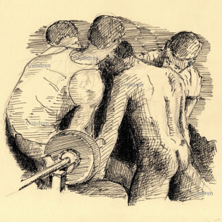 Pen & ink drawing of a gay all-male gay orgy. These hot men are handsome, fit, and well-built with muscular physiques.