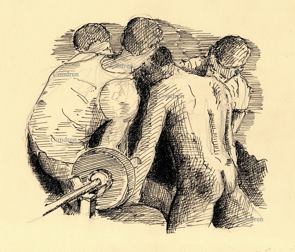 Pen & ink drawing of a gay all-male gay orgy. These hot men are handsome, fit, and well-built with muscular physiques.