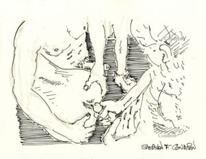 Pen & ink drawing of gangbangers fucking a boy in the ass. Boy toy has a muscular torso with a 6-pack set of abs. Naked dude's ass.