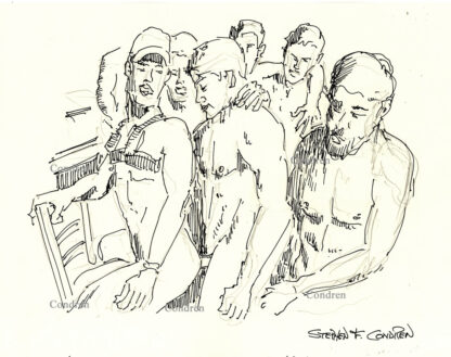 Patrick McDonald pen & ink drawing. Star of Fire Island Fuck Boy gangbang. He has a muscular torso & 6-pack abs with firm pecs.