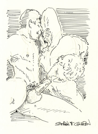 Pen & ink figure drawing of two boys performing 69 sex. Cock suckers have muscular bodies and a chiseled 6-pack set of abs.