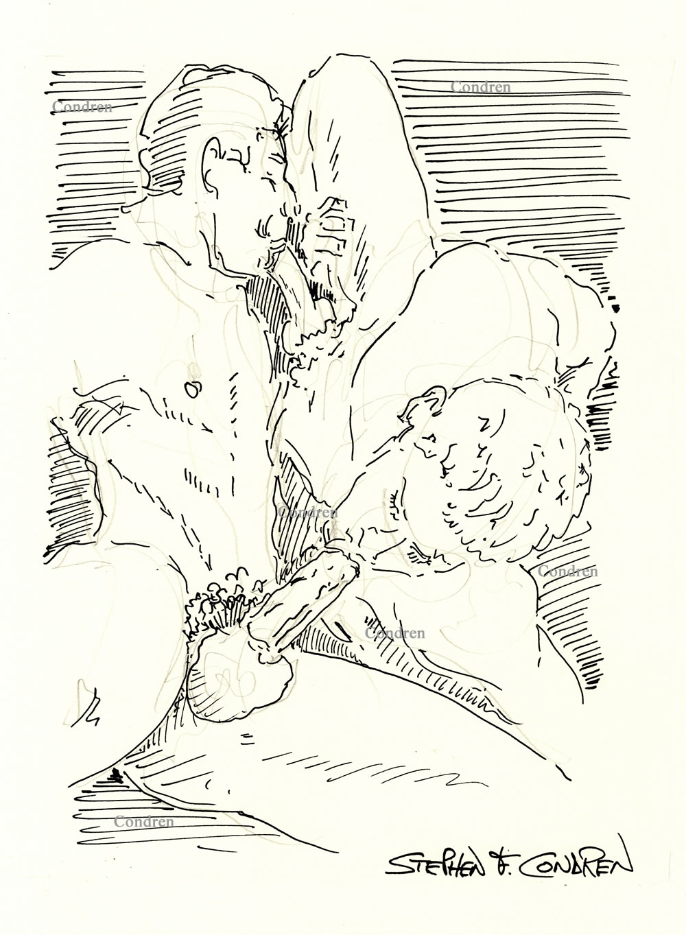 Pen & ink figure drawing of two boys performing 69 sex. Cock suckers have muscular bodies and a chiseled 6-pack set of abs.