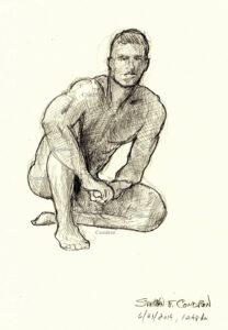 Pencil figure drawing of a nude man squatting. He has a muscular torso with a 6-pack set of abs and firm pecs.