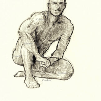Pencil figure drawing of a nude man squatting. He has a muscular torso with a 6-pack set of abs and firm pecs.