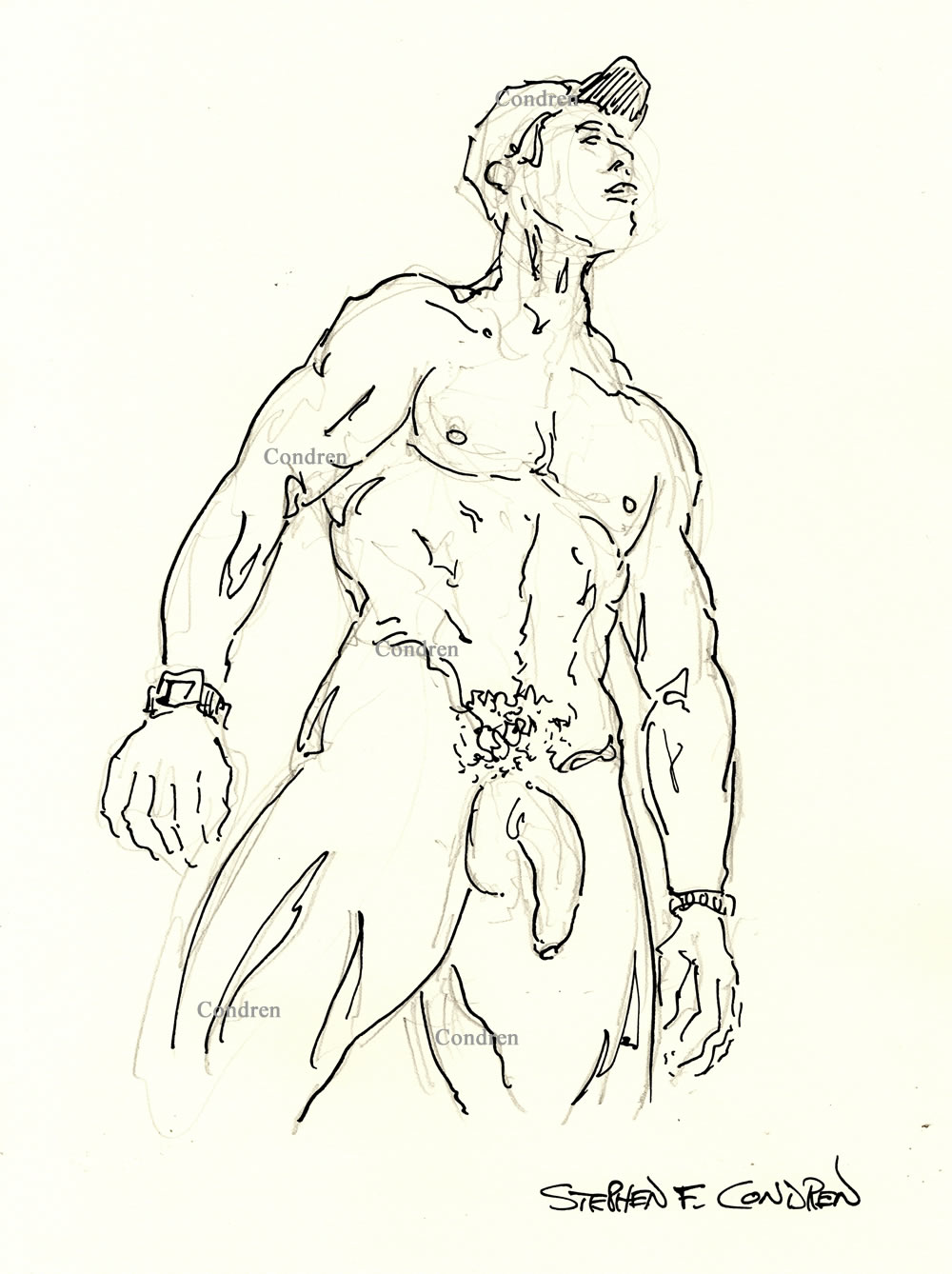 Pen & ink figure drawing of a muscular nude male with large cock. Masculine figure has a hard body and chiseled 6-pack abs.