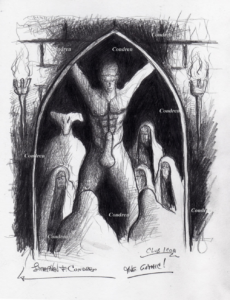 Pencil Figure drawing of a naked man with an erection in Satan's dungeon. He has a chiseled torso and fit abs. Gay gang bang male figure drawing. 