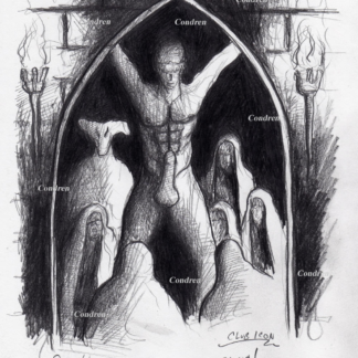Pencil Figure drawing of a naked man with an erection in Satan's dungeon. He has a chiseled torso and fit abs.