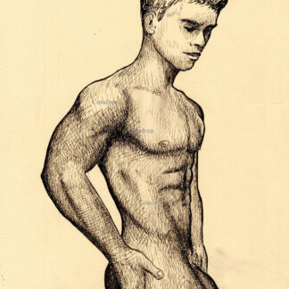 Nude Hispanic male is fit. Buff boy has a hard body with a muscular torso and a chiseled six-pack abs with firm pecs.
