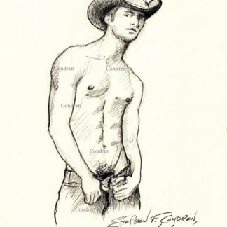 Shirtless gay cowboy with muscular torso.