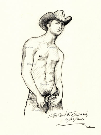 Shirtless gay cowboy with muscular torso.