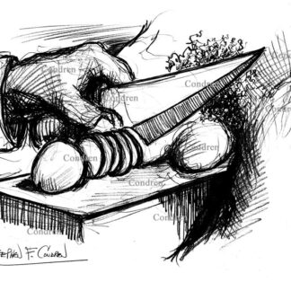 Pencil drawing of a penis on a live gay man being cut into small pieces on a chopping block with a large sharp knife.