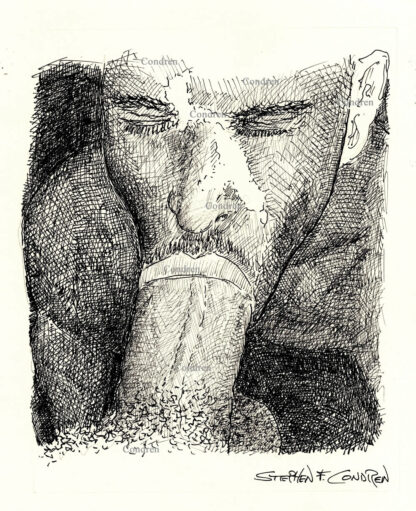 Pen & ink drawing of a gay boy sucking a big dick. He has a hard body with a muscular physique and firm pecs.