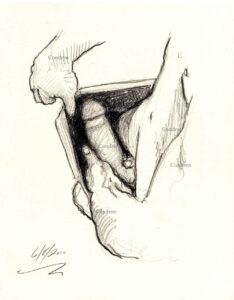 Pencil figure drawing of a hardon cock looking down into the underwear of a hot muscular boy with a 6-pack set of abs. Hardon cock bulging, gay male pen & ink figure drawing. 