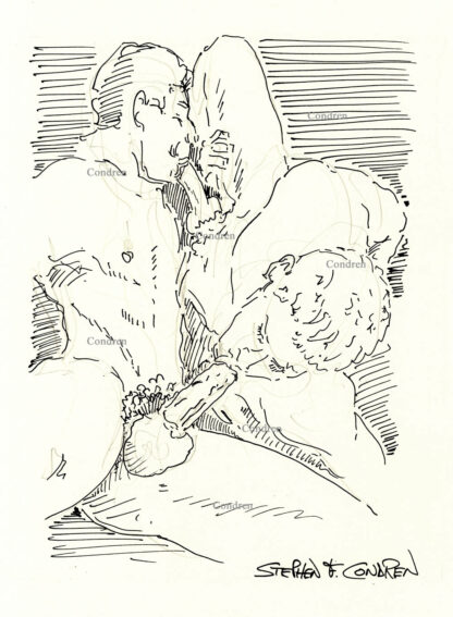 Pen & ink figure drawing of two boys performing 69 sex. Cock suckers have muscular bodies and a chiseled 6-pack set of abs.