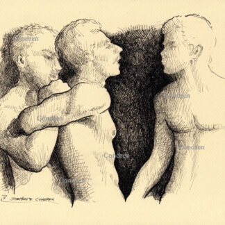 Pen & ink figure drawing of three nude men in a struggle. The have hard bodies with muscular torsos and 6-pack set of abs.