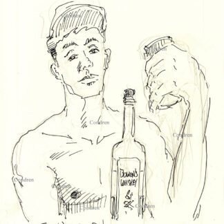 Pen & ink drawing of a drunk shirtless gay boy drinking Bowen's Whiskey. He is cute and muscular with a 6-pack set of abs.