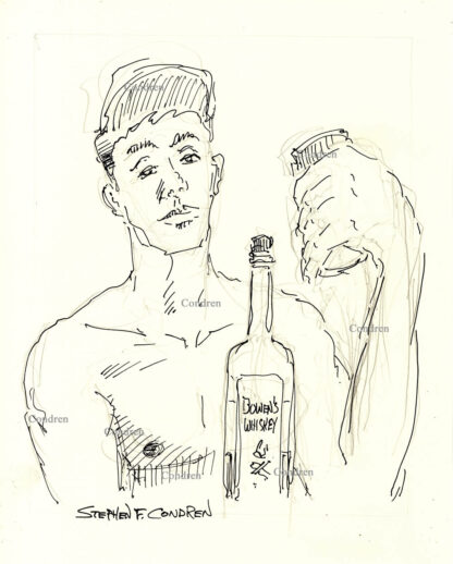 Pen & ink drawing of a drunk shirtless gay boy drinking Bowen's Whiskey. He is cute and muscular with a 6-pack set of abs.