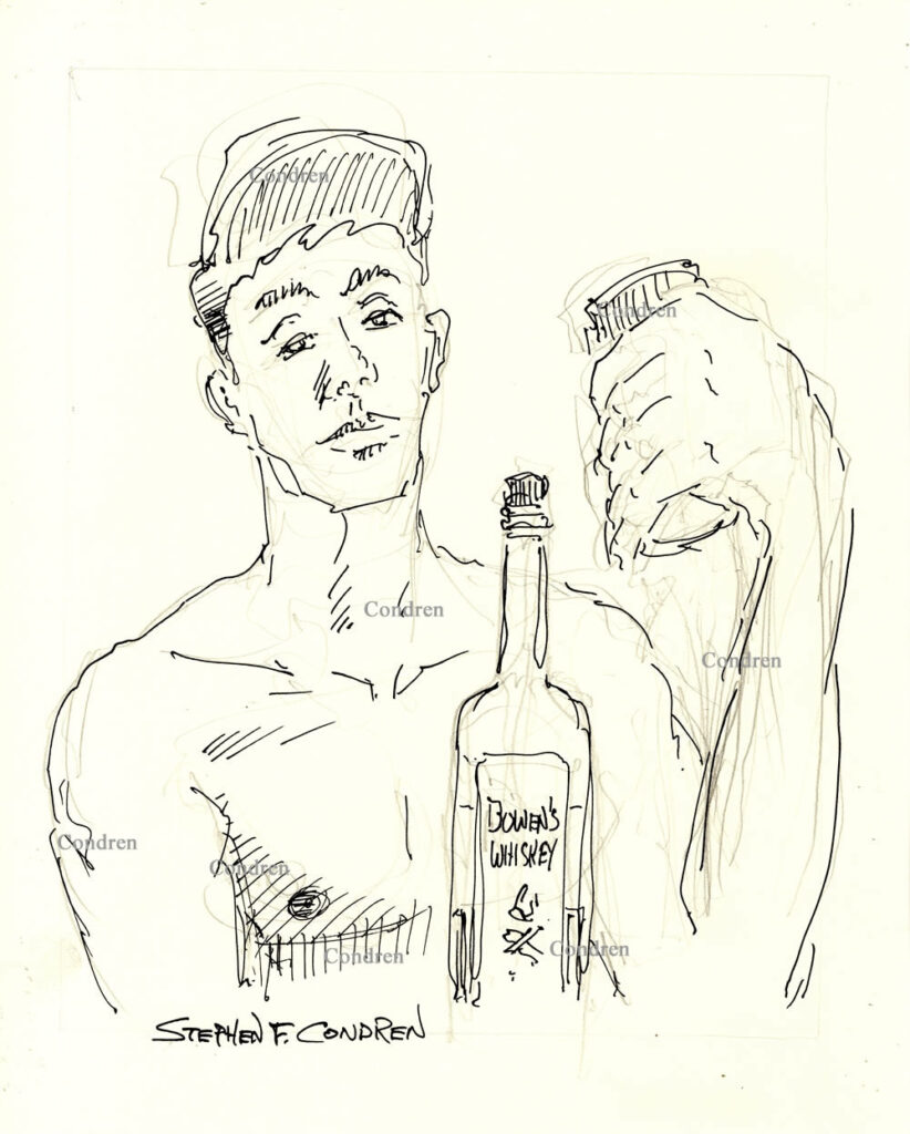 Shirtless man drinking whiskey pen & ink drawing. He is cute and muscular torso and has a 6-pack set of abs. Gay male figure drawing.