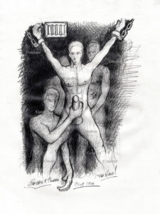 Naked gay boy chained to dark dungeon wall with penis in erection. Pencil figure drawing. Chained naked prisoner in a prison sell and being used for gay all-male BDSM sex. Pencil drawing.