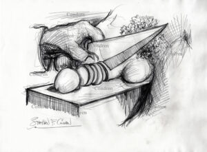 Penis chopping on a live gay man being cut into small pieces on a chopping block with a large sharp knife. Gay male figure drawing. Pirate cutting off penis, gay male pencil figure drawing. 