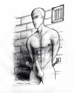 Young boy in chains against a prison cell wall with a large penis erect. Gay male figure drawing. Nude boy at cell door, gay male pencil figure drawing. 