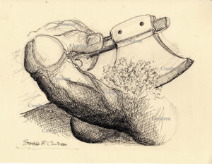 Cutting penis with hatchet. Gay male figure drawing. Penis chopping block, gay male pencil figure drawing. 