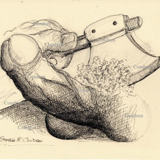 Cutting penis with hatchet. Gay male figure drawing.