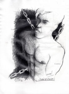 Nude boy chained in a dark dungeon. Gay male figure drawing.