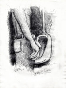 Boy pissing at urinal. Pencil drawing.
