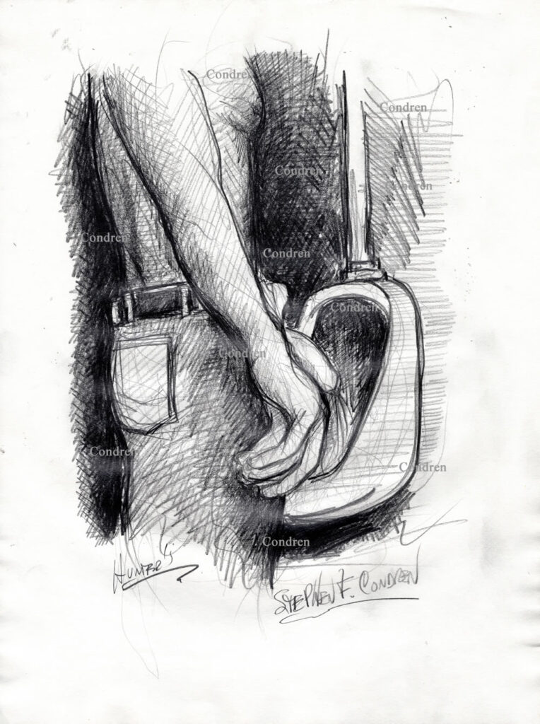 Boy pissing at urinal. Pencil drawing.