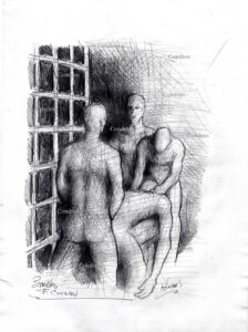 Prison gang bang in cell with four naked inmates. Naked prison rape of a new inmate, gay male pencil figure drawing. 