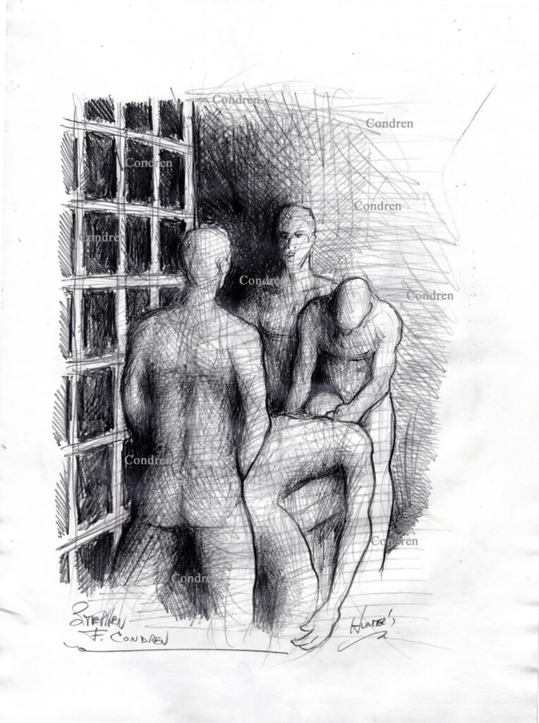 Prison gang bang in cell with four naked inmates. Pencil drawing.