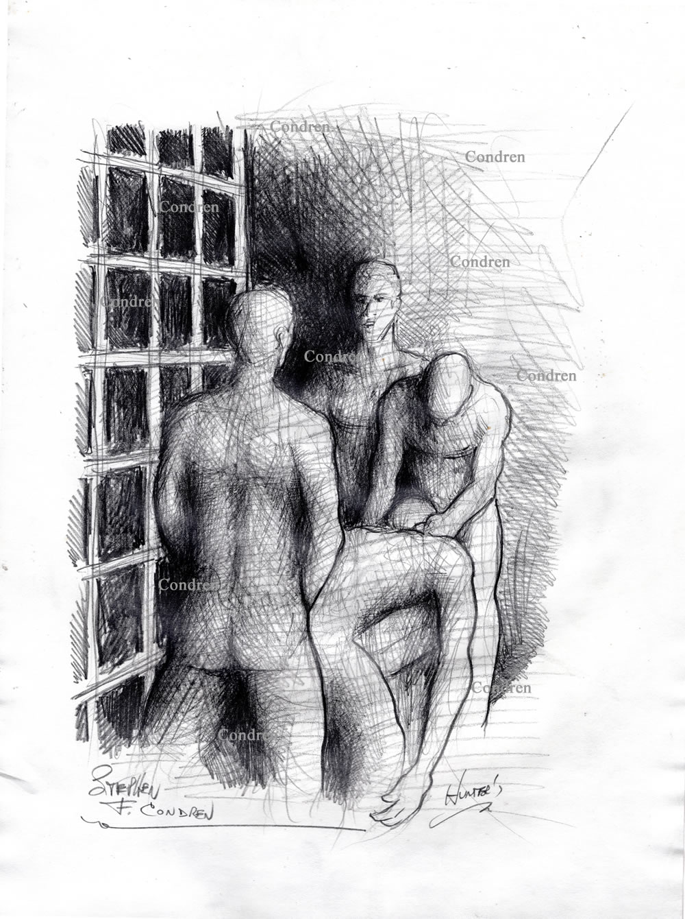 Prison gang bang in cell with four naked inmates. Gay male figure drawing.