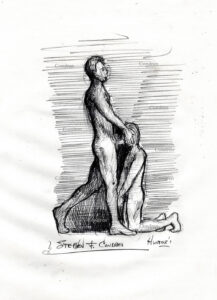 Boy giving blow job to fit man. Pencil drawing.