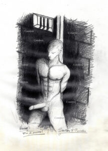 Hot gay boy in BDSM bondage in a torture chamber. He has a throbbing hard cock and balls. Gay male figure drawing. Boy In chains, gay male pencil figure drawing. 