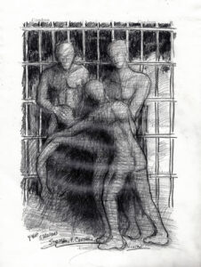 A gay BDSM prison gang bang pencil drawing. Three naked inmates are raping an inmate in the cell as guards watch.
