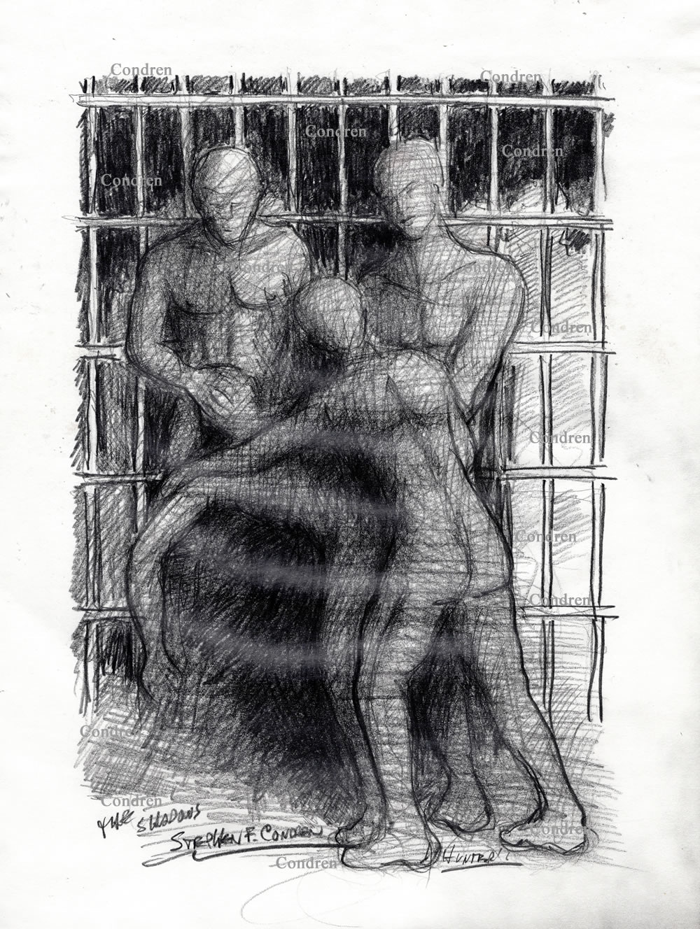 A gay BDSM prison gang bang pencil gay male figure drawing. Three naked inmates are raping an inmate in the cell as guards watch.