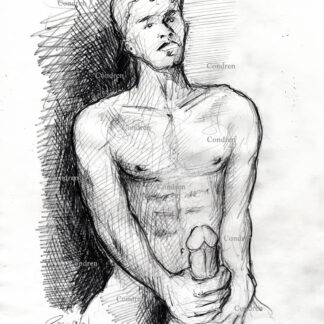 Hard boy jacking naked with huge uncut cock and balls. The boy has a fit torso with a 6-pack set of abs and firm pecs. Pencil gay male figure drawing.