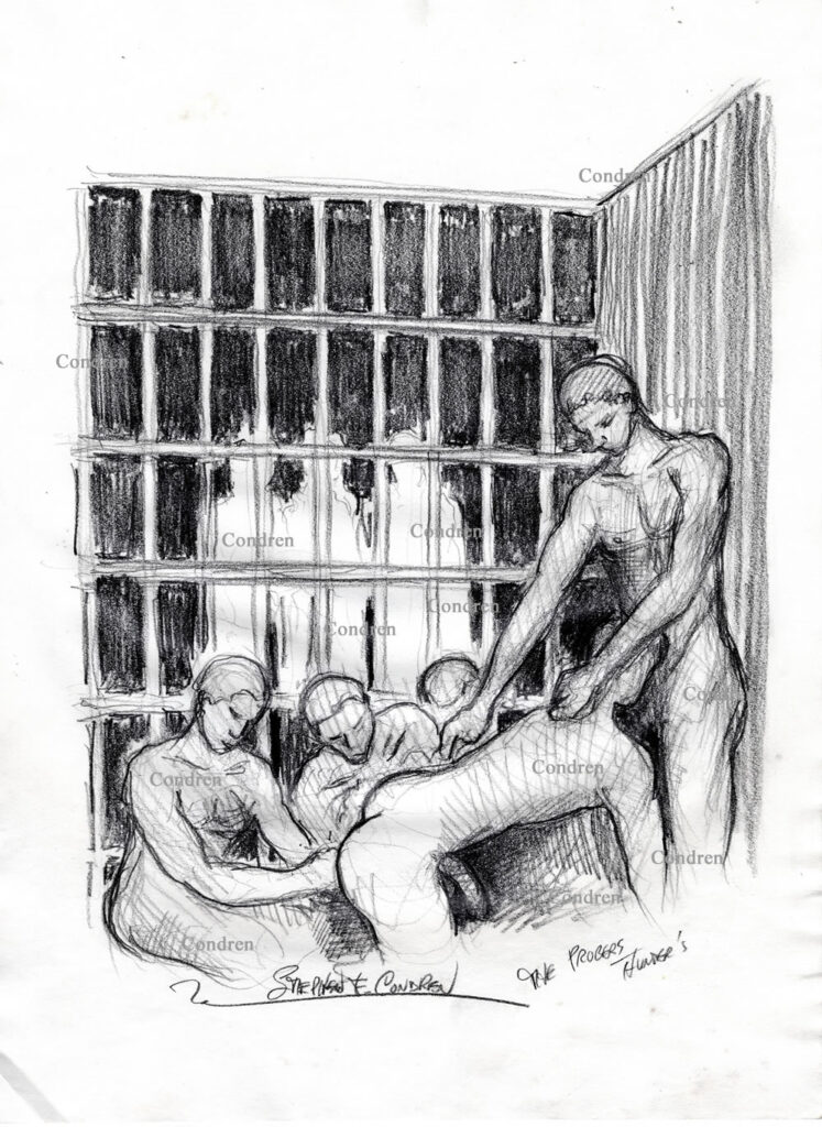 Ass play in prison with an anal probe by inmates in their cell. Pencil figure drawing.
