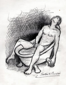 Hot naked man jacking off in bathtub pencil drawing.