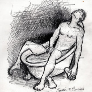 Hot naked man jacking off in bathtub pencil gay male figure drawing.