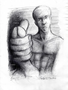 Naked dude jacking off with large hairy cock and balls. Pencil drawing.