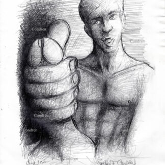 Naked dude jacking off with large hairy cock and balls. Pencil gay male figure drawing.